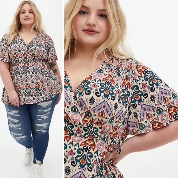 torrid Tops - Torrid Top Ikat Print Gauze Smocked Surplice Blouse Shirt Plus Size 2